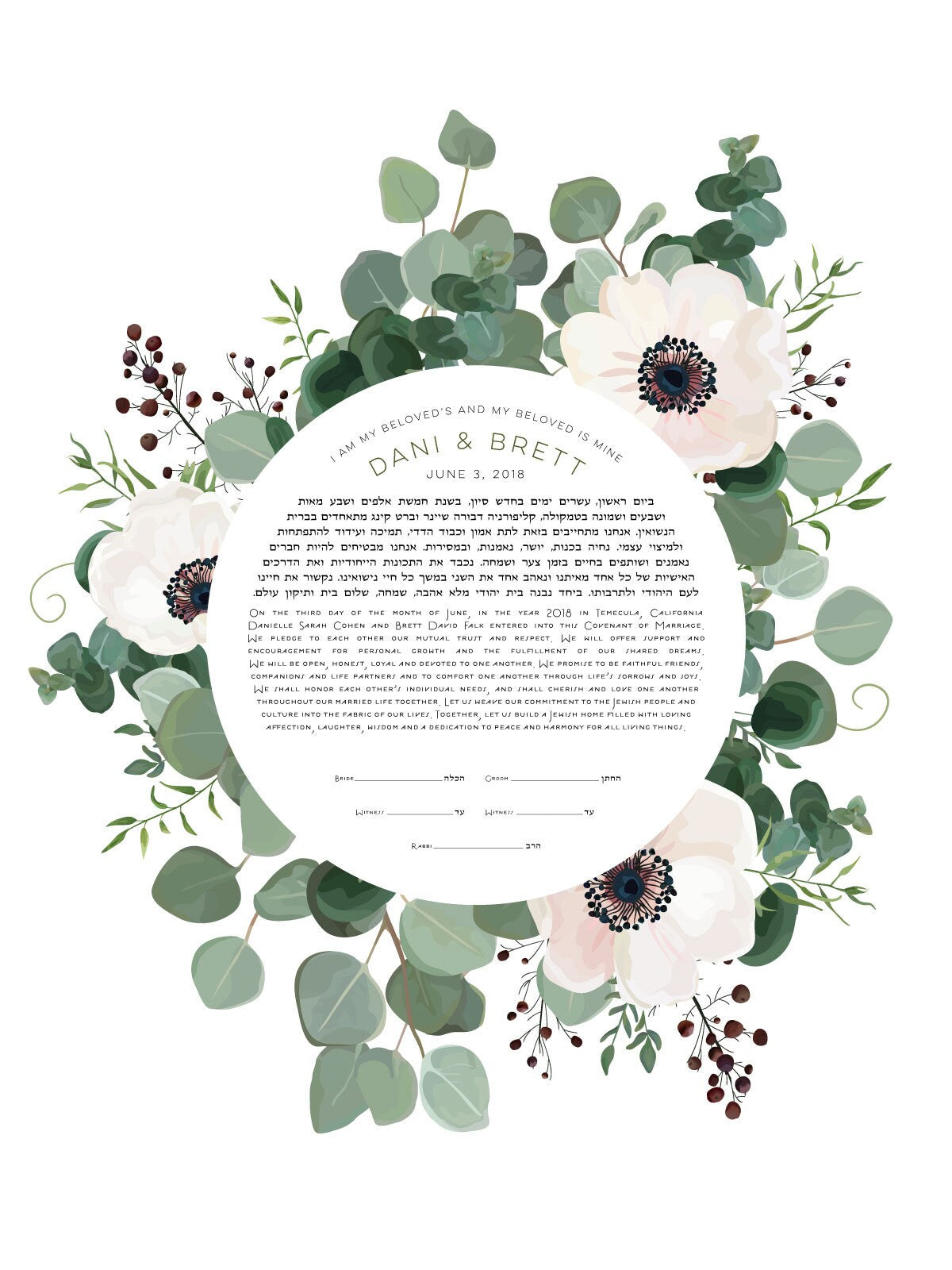 Wild-Anemone Ketubah Fine Art Print for interfaith, reform and orthodox weddings