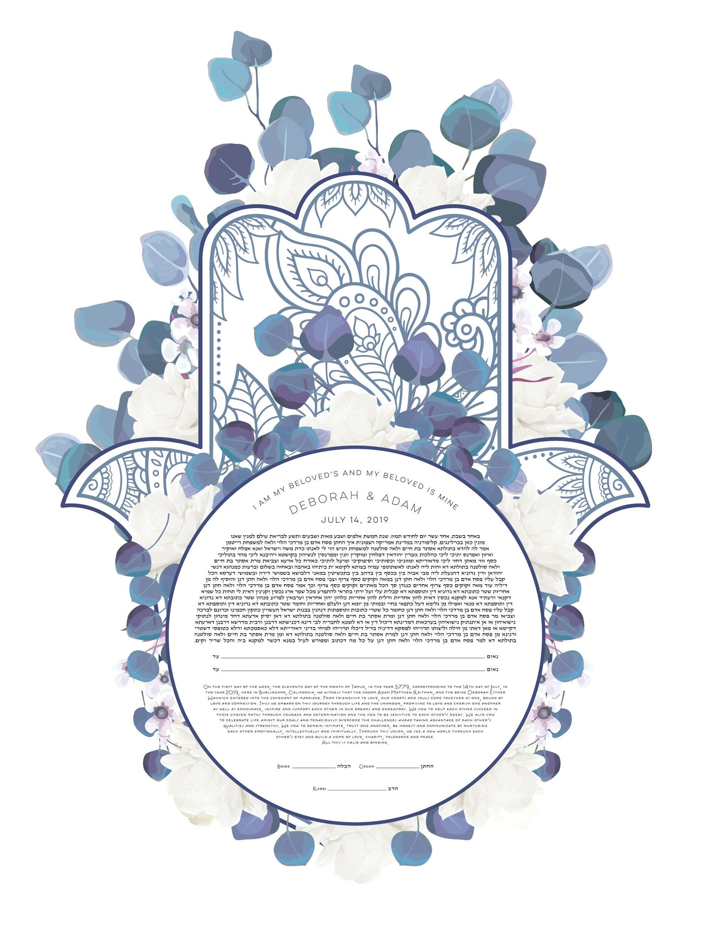 Blue Leaves Hamsa Ketubah