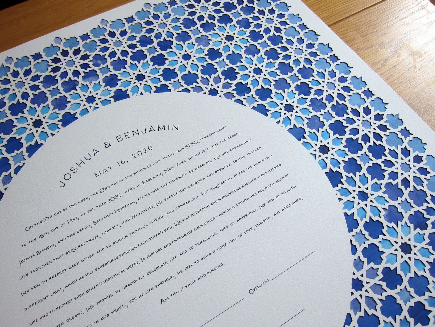 Laser Cut Mosaic Pattern Ketubah with watercolor print background