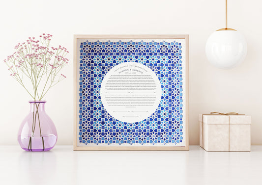 Laser Cut Mosaic Pattern Ketubah with watercolor print background